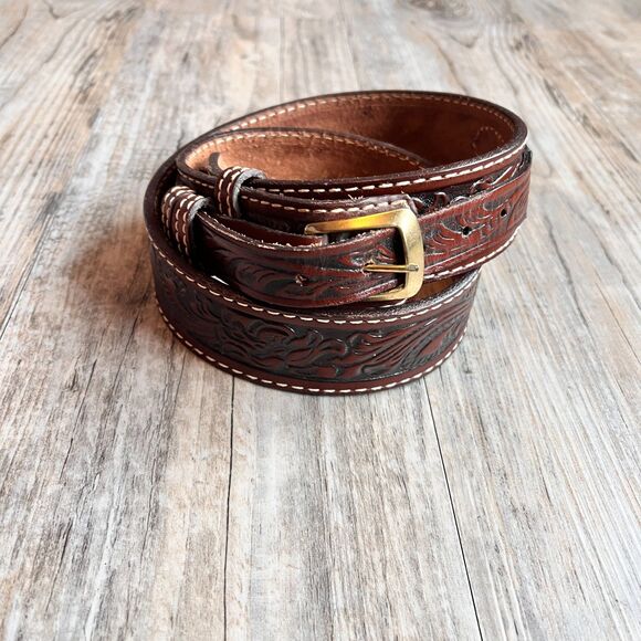 Nocona Western Tooled Leather Belt Size 32 Brown Cowboy Artisan Vintage Layer main image 6